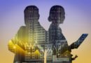 Silhouettes d’un homme et d’une femme superposées à des graphiques financiers et des immeubles, illustrant le concept de fusion-acquisition (M&A) et son impact sur les entreprises.