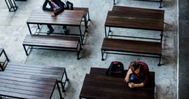 Des adolescents assis seuls dans une cantine vide