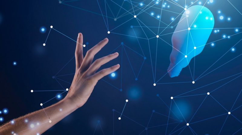 Une main tendue vers une ampoule entourée de connexions lumineuses, symbolisant l’innovation.