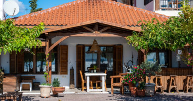 Une terrasse de maison avec un toit en tuiles, des meubles en bois et de nombreuses plantes en pot