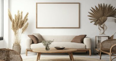 Un salon lumineux avec un canapé beige, une table basse en bois et une décoration épurée