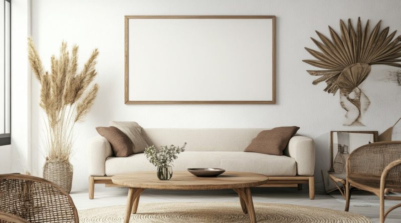 Un salon lumineux avec un canapé beige, une table basse en bois et une décoration épurée