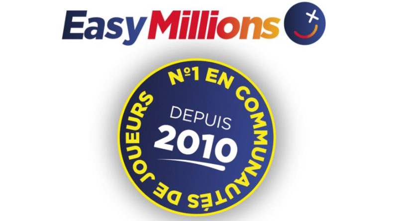 Logo de la marque EasyMillions surmontant un macaron bleu et jaune indiquant 'N°1 en communautés de joueurs depuis 2010