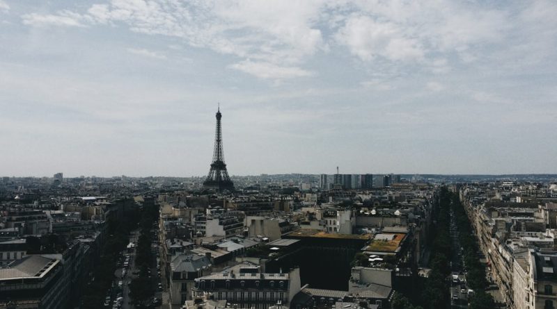 Vue panoramique sur les toits de Paris avec la Tour Eiffel s'élevant au centre sous un ciel nuageux