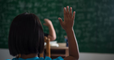 Une élève de dos lève la main en classe face à un tableau vert couvert d'inscriptions floues